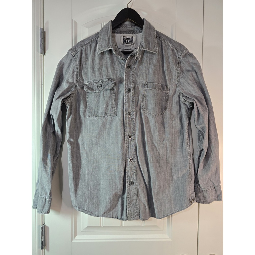 Converse One Star Mens Gray Cotton Long Sleeve Button Down Work Shirt Medium